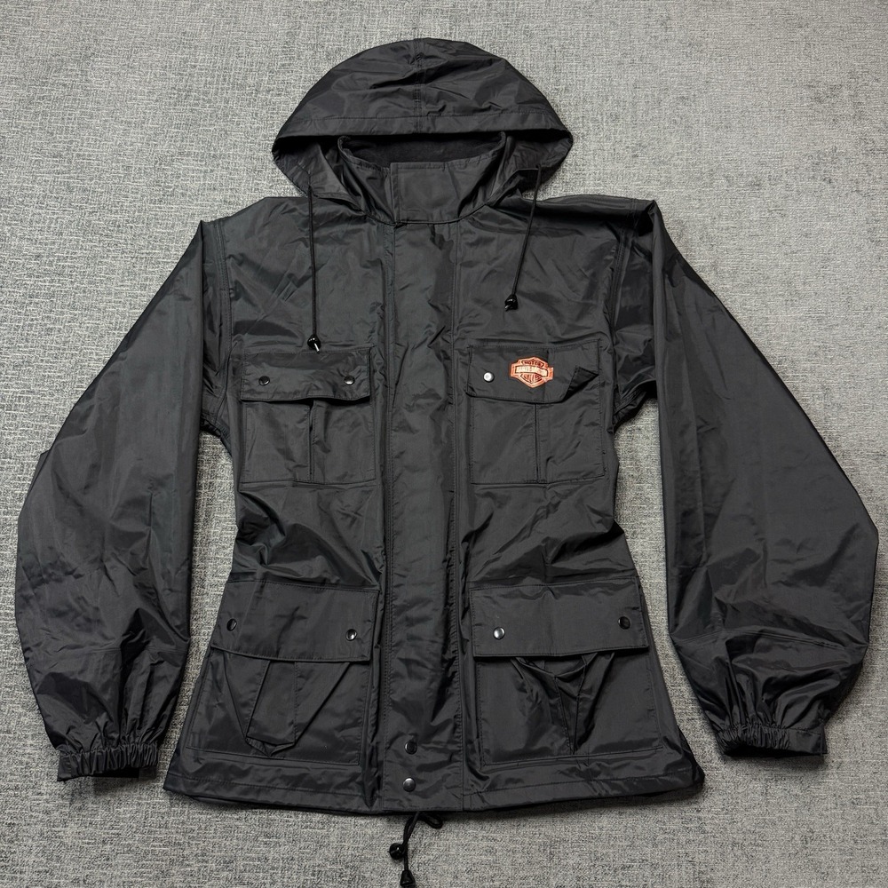 Harley Davidson Rain Jacket Womens Small Black Wind Resistant Hood Pockets Logo - Picture 2 of 13